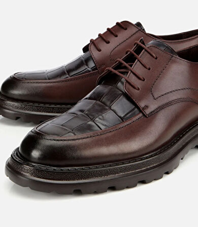 Erkek Kroko Deri Kahverengi Yüksek Tabanlı Klasik Ayakkabı