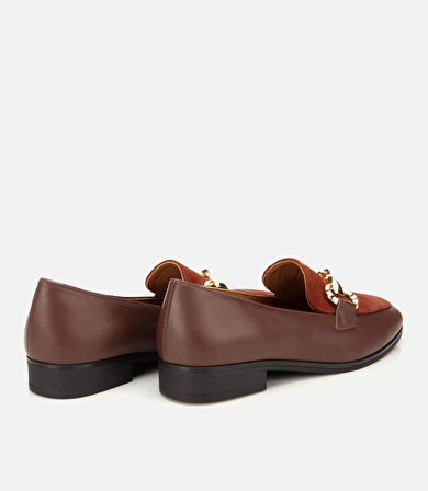 Kadın Süet Deri Acı Kahverengi Tokalı Klasik Loafer