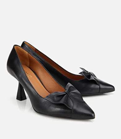 Kadın Deri Siyah Fiyonk Detaylı İnce Topuklu Stiletto