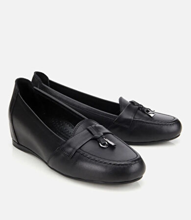 Kadın Deri Siyah Dolgu Topuklu Rahat Günlük Loafer