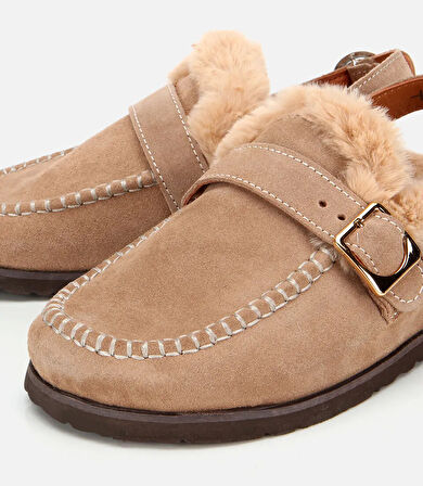 Kadın Süet Deri Bej İçi Kürklü Sabo Terlik