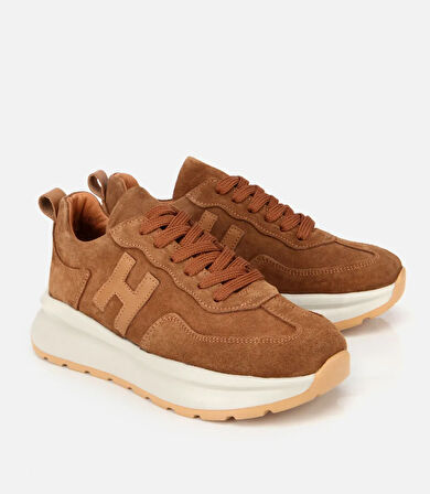 Kadın Süet Deri Taba Kalın Tabanlı Comfort Spor Ayakkabı