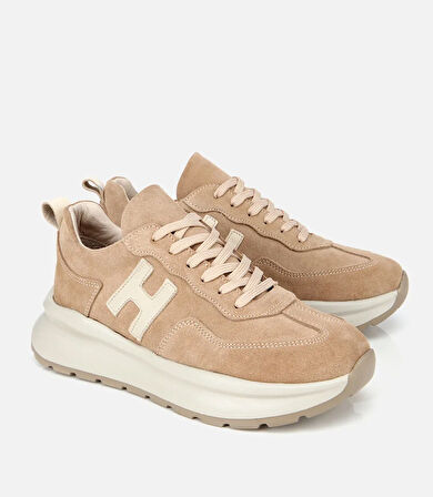 Kadın Süet Deri Bej Kalın Tabanlı Comfort Spor Ayakkabı