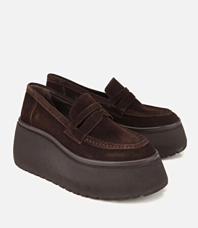 Kadın Süet Deri Kahverengi Dolgu Topuklu Günlük Loafer