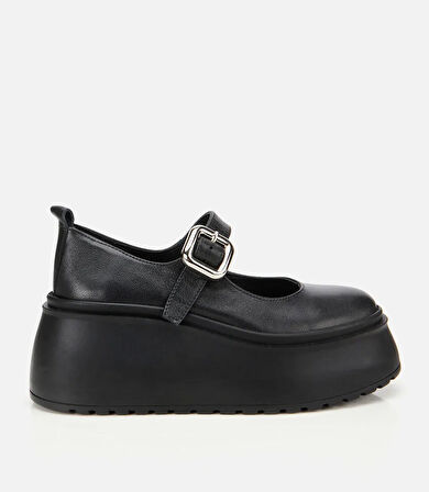 Kadın Deri Siyah Dolgu Topuklu Tokalı Babet