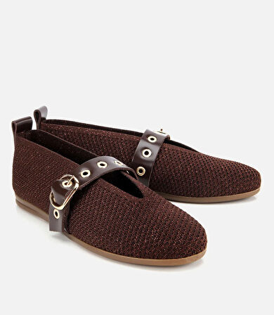 Kadın Kahverengi Örgü Detaylı Mary Jane Kemerli Babet