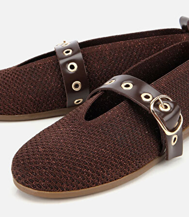 Kadın Kahverengi Örgü Detaylı Mary Jane Kemerli Babet