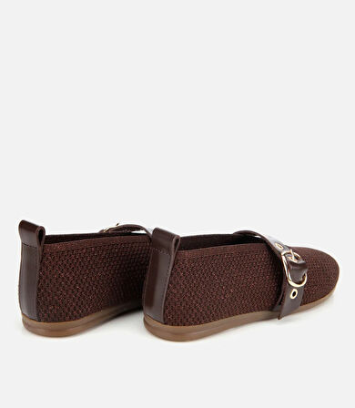 Kadın Kahverengi Örgü Detaylı Mary Jane Kemerli Babet