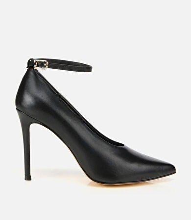 Kadın Deri Siyah Bilekten Bağlamalı Gold Detaylı Yüksek Topuklu Stiletto