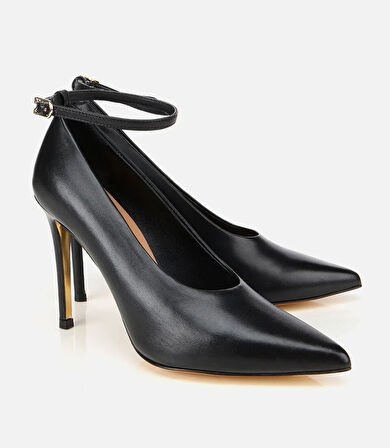 Kadın Deri Siyah Bilekten Bağlamalı Gold Detaylı Yüksek Topuklu Stiletto