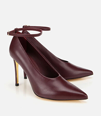 Kadın Deri Bordo Bilekten Bağlamalı Gold Detaylı Yüksek Topuklu Stiletto