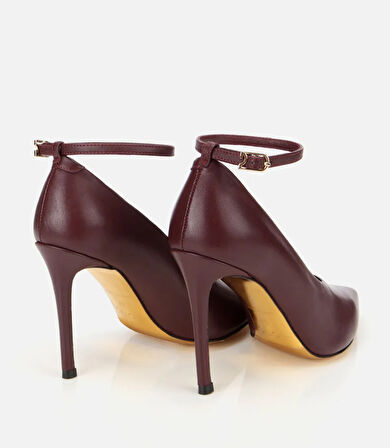 Kadın Deri Bordo Bilekten Bağlamalı Gold Detaylı Yüksek Topuklu Stiletto