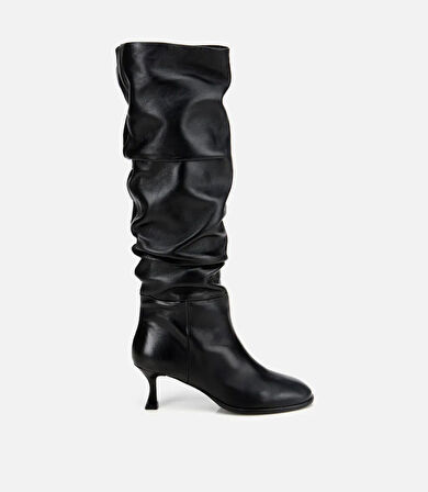Kadın Deri Siyah Kırışık İnce Topuklu Çizme
