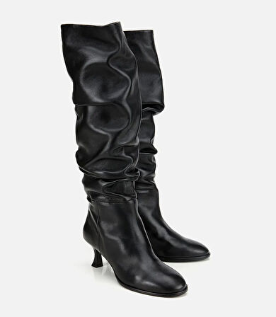 Kadın Deri Siyah Kırışık İnce Topuklu Çizme