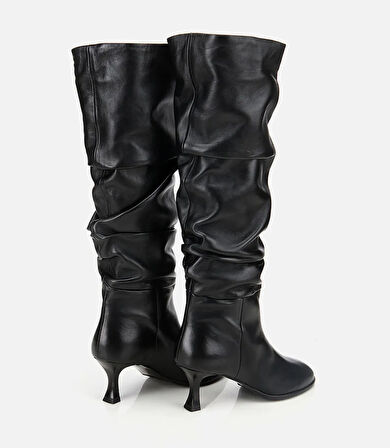 Kadın Deri Siyah Kırışık İnce Topuklu Çizme