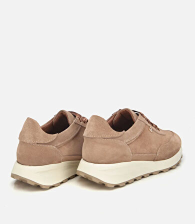 Kadın Süet Deri Bej Bağcık Detaylı Yüksek Tabanlı Spor Ayakkabı