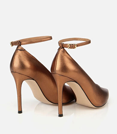 Kadın Deri Bronz/Gold Bilekten Bağlamalı Gold Detaylı Yüksek Topuklu Stiletto