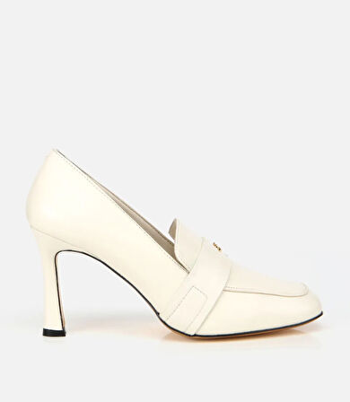 Kadın Deri Ekru Yumuşak Dokulu Gold Detaylı Topuklu Stiletto