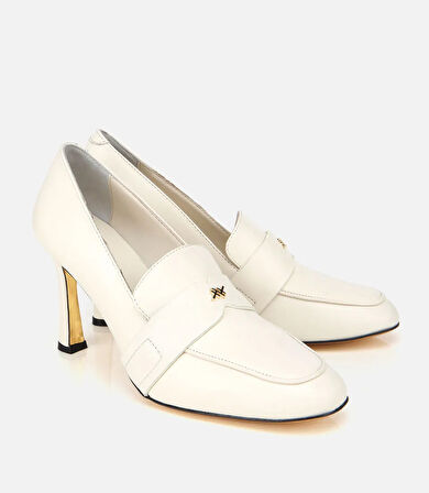 Kadın Deri Ekru Yumuşak Dokulu Gold Detaylı Topuklu Stiletto