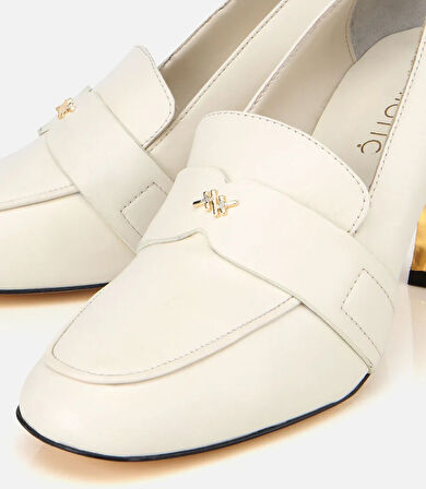 Kadın Deri Ekru Yumuşak Dokulu Gold Detaylı Topuklu Stiletto