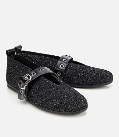 Kadın Siyah Örgü Detaylı Mary Jane Kemerli Babet