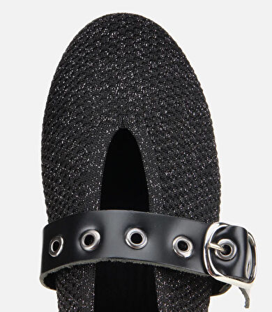 Kadın Siyah Örgü Detaylı Mary Jane Kemerli Babet