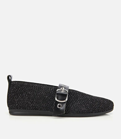 Kadın Siyah Örgü Detaylı Mary Jane Kemerli Babet