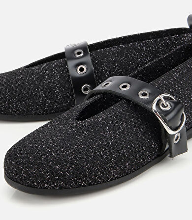 Kadın Siyah Örgü Detaylı Mary Jane Kemerli Babet