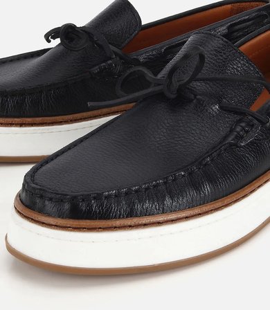 Erkek Deri Siyah Bağcık Detaylı Günlük Loafer