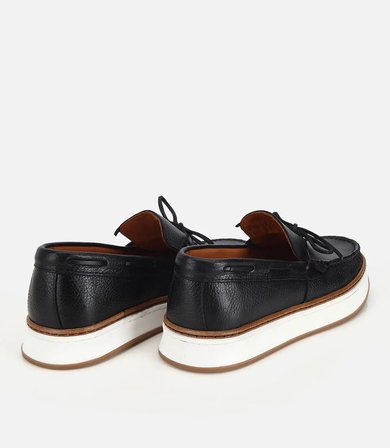 Erkek Deri Siyah Bağcık Detaylı Günlük Loafer