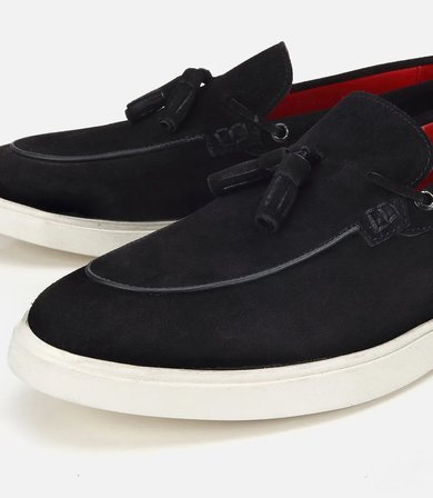 Erkek Süet Deri Siyah Püskül Detaylı Günlük Loafer