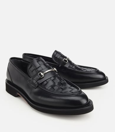 Erkek Deri Siyah Örme Metal Detaylı Klasik Loafer