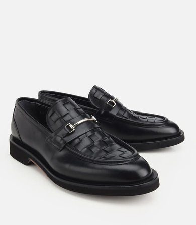 Erkek Deri Siyah Örme Metal Detaylı Klasik Loafer