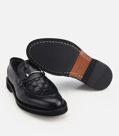 Erkek Deri Siyah Örme Metal Detaylı Klasik Loafer