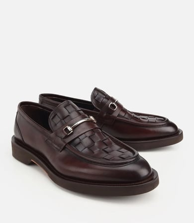Erkek Deri Kahverengi Örme Metal Detaylı Klasik Loafer