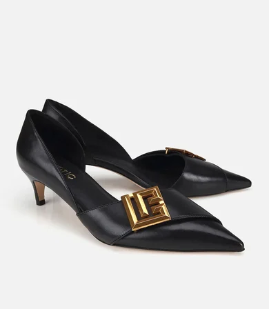 Kadın Siyah Deri Gold Tokalı Kısa Topuklu Stiletto
