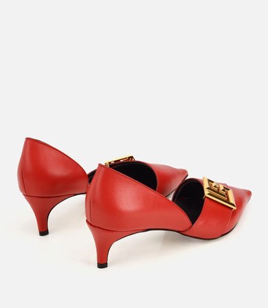 Kadın Deri Kırmızı Gold Tokalı Kısa Topuklu Stiletto