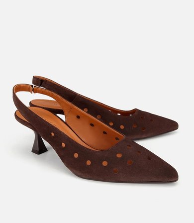 Kadın Süet Deri Kahverengi Delikli Arkası Açık Kısa Topuklu Stiletto