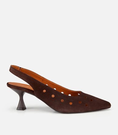 Kadın Süet Deri Kahverengi Delikli Arkası Açık Kısa Topuklu Stiletto