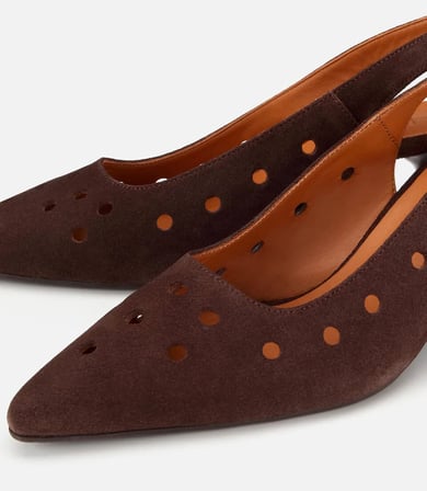 Kadın Süet Deri Kahverengi Delikli Arkası Açık Kısa Topuklu Stiletto
