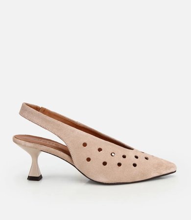 Kadın Süet Deri Vizon Delikli  Sivri Burunlu Arkası Açık Kısa Topuklu Stiletto