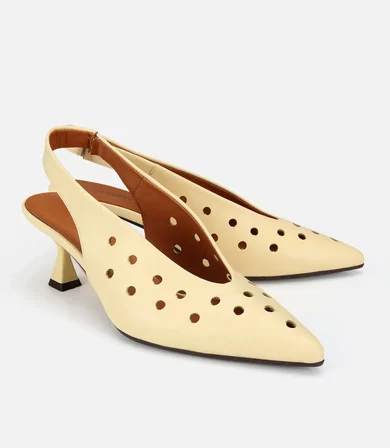 Kadın Deri Sarı Delikli Arkası Açık Kısa Topuklu Stiletto