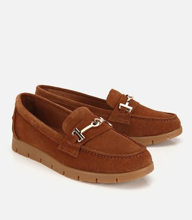 Kadın Süet Deri Taba Yumuşak Tabanlı Tokalı Günlük Loafer