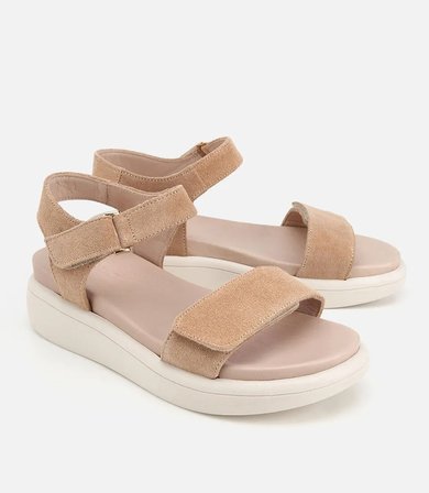 Kadın Süet Deri Bej Bantlı Düz Sandalet