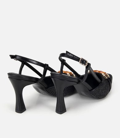 Kadın Siyah Hasır Detaylı Tokalı Kısa Topuklu Stiletto