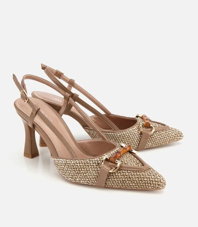 Kadın Vizon Hasır Detaylı Tokalı Kısa Topuklu Stiletto