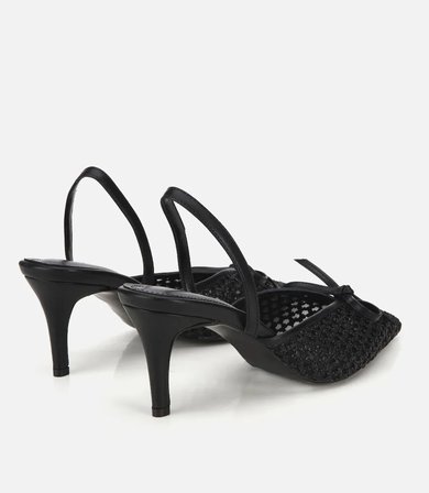 Kadın Siyah Hasır Detaylı Fiyonklu Kısa Topuklu Stiletto