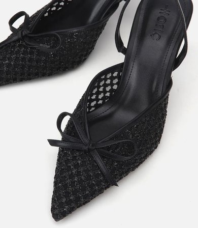 Kadın Siyah Hasır Detaylı Fiyonklu Kısa Topuklu Stiletto