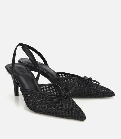 Kadın Siyah Hasır Detaylı Fiyonklu Kısa Topuklu Stiletto