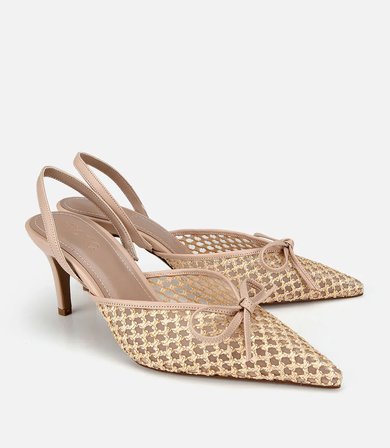 Kadın Bej Hasır Detaylı Fiyonklu Kısa Topuklu Stiletto